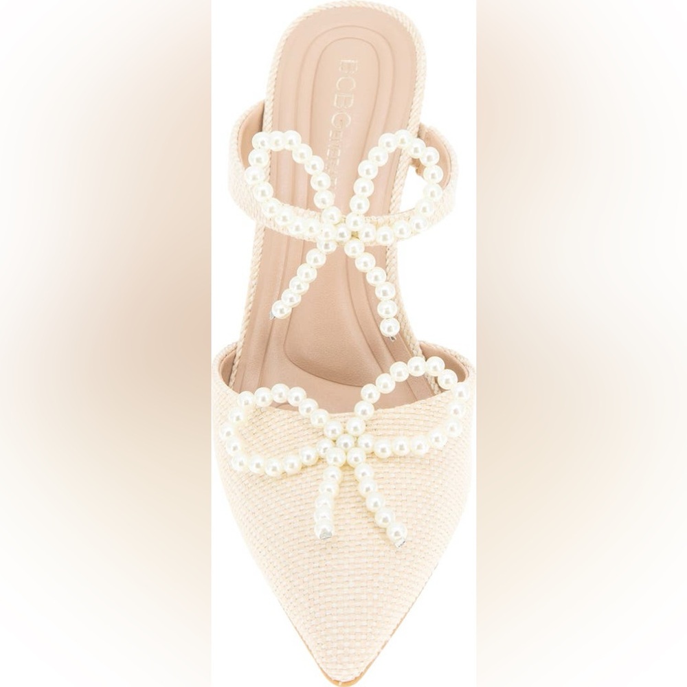 BCBG Bardia Pointed Toe Mule (Women) Elegant Cream Women's Heels with Pearls. 9